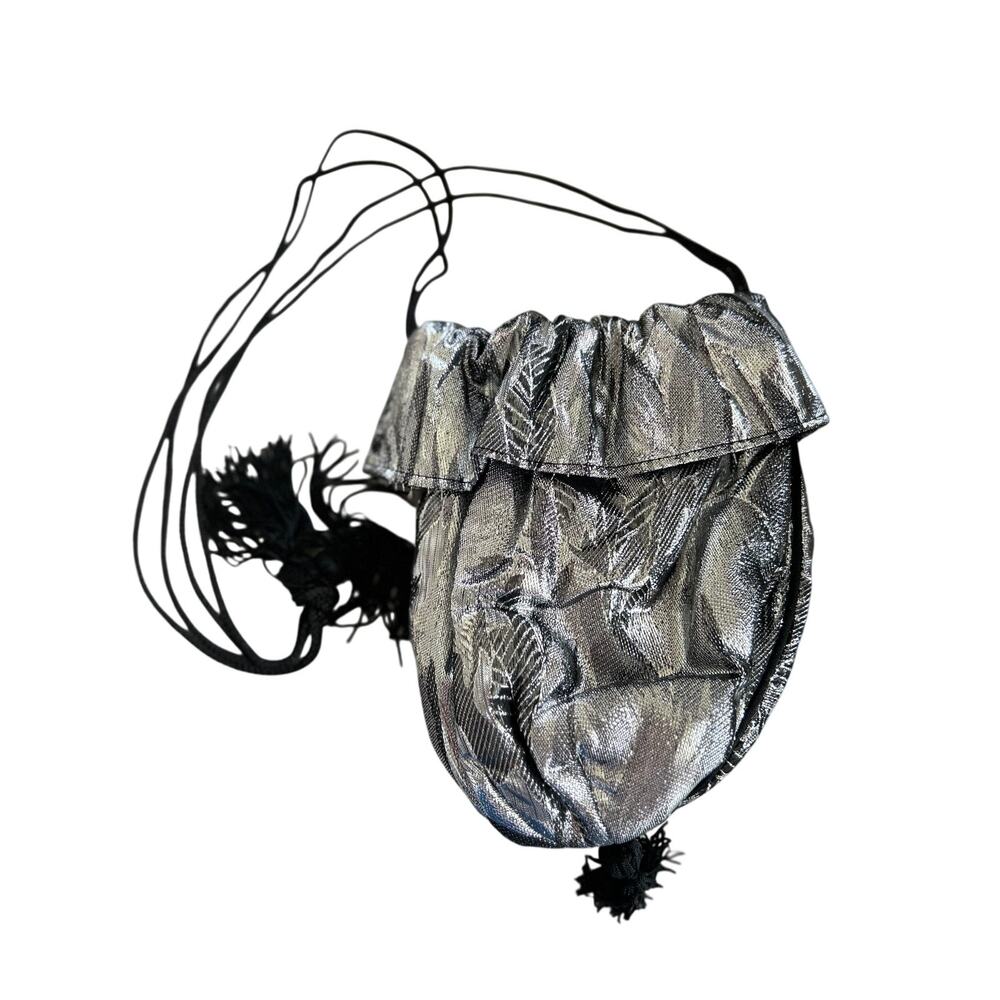 Vintage 90s Silver Metallic & Black Pom Pom Tassel Crossbody Evening Bag